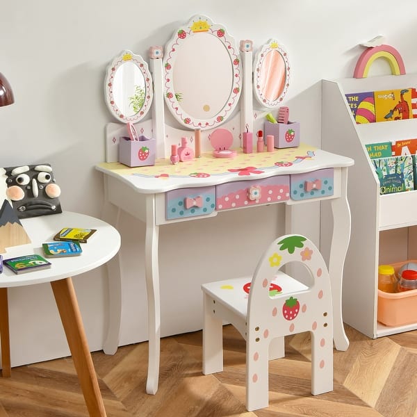 slide 2 of 10, Costway Kids Vanity Princess Makeup Dressing Table Chair Set w/ - See Details White - See Details