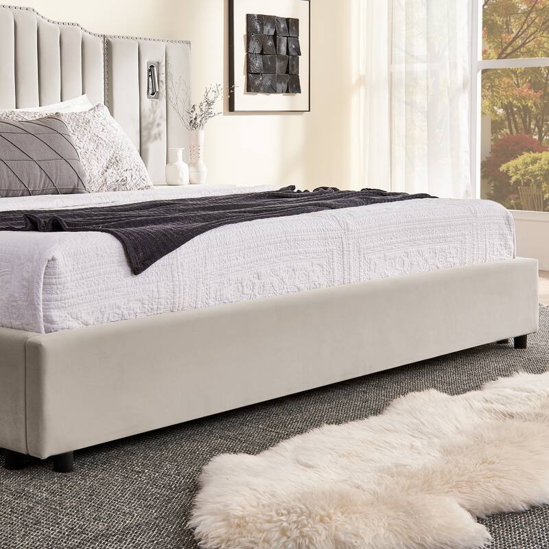 King Size Upholstered Bed Frame with Velvet Fabric, Vertical Stripe Design with Buttons Around King Size Platform Bed