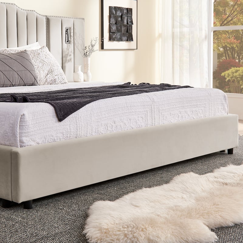 King Upholstered Wingback Platform Bed Frame with Vertical Stripe Enlarged Headboard, Adjustable Lamps & Integrated Nightstand