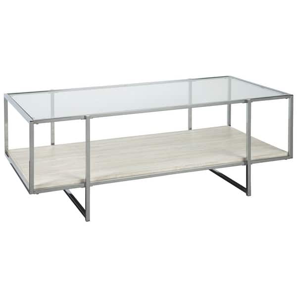 slide 2 of 5, 48 Inches Glass Top Cocktail Table with Stone Shelf, Clear and Chrome