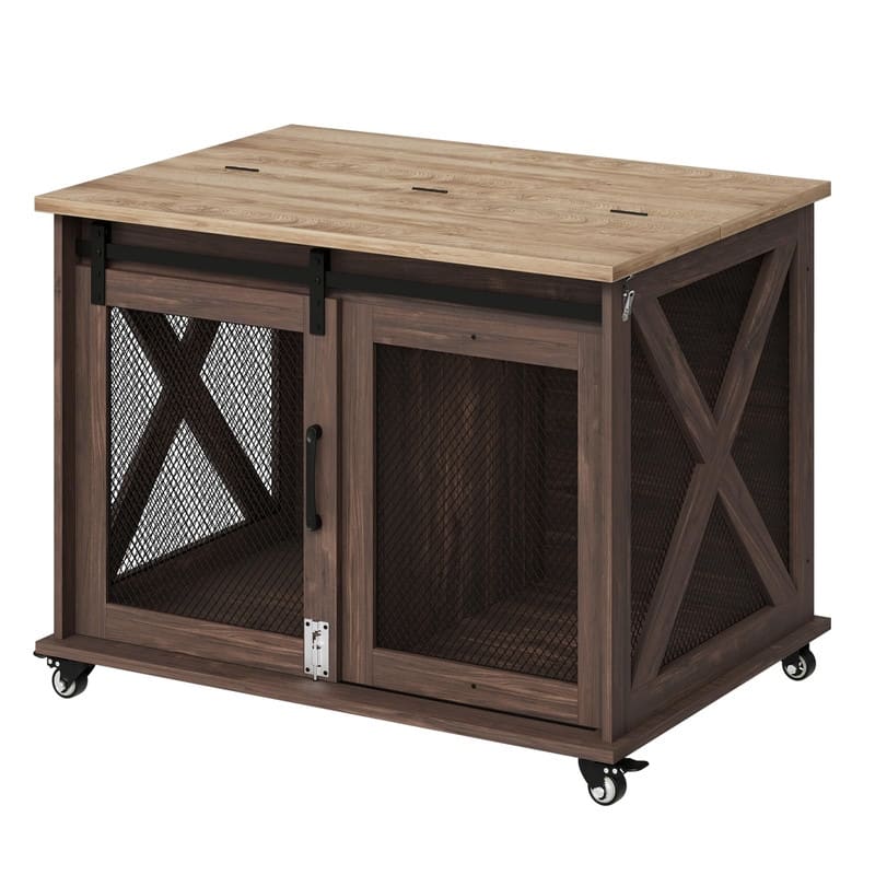 Large Wooden Dog Crate Kennel Furniture Side End Table with Flip Top and Movable Divider