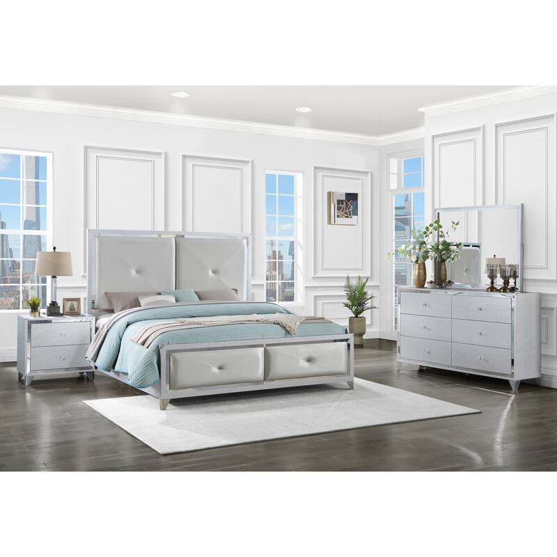 Chelle Silver 4-Piece Panel Bedroom Set with Mirror Trim - Eastern King