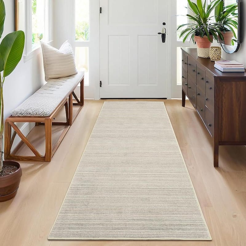 Modern Stripe Machine Washable Area Rug for Bedroom, Living Room, Beige - 1'6" x 2'6"