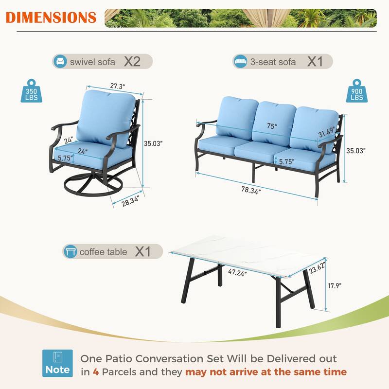 MAISON ARTS 4/5-Piece Patio Conversation Sets, Sofa Set with 2 xSingle Sofa Chairs, 1 x 3-seater Sofa and Coffee Table/Ottomans