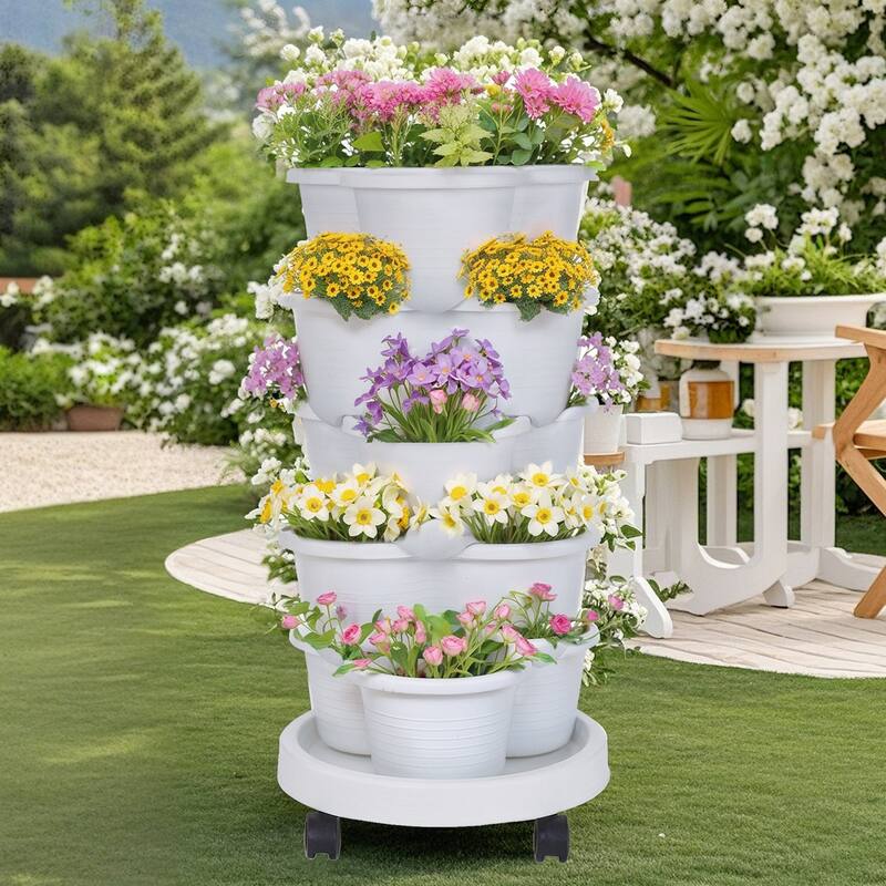 Vertical Strawberry Planter 5 Tier Hanging Vertical Gardening Planter Stackable Garden Tower Pot for Strawberries Flowers - White