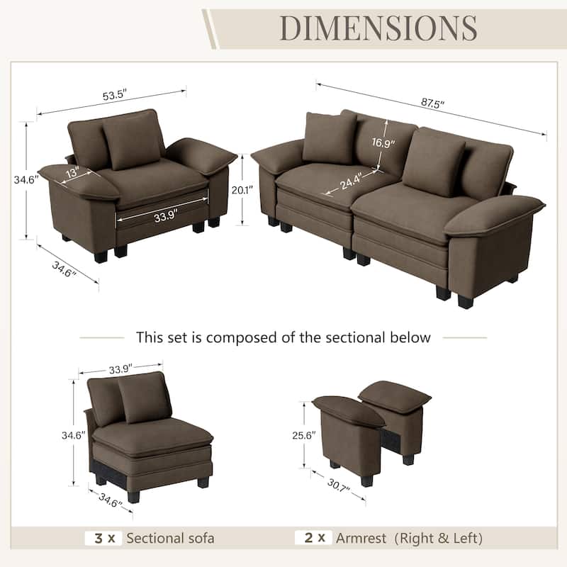 MAISON ARTS 2-Piece Chenille & Corduroy Sofa Set, Comfy 3/4/5-Seater Modular Loveseat & Armchair with Throw Pillows