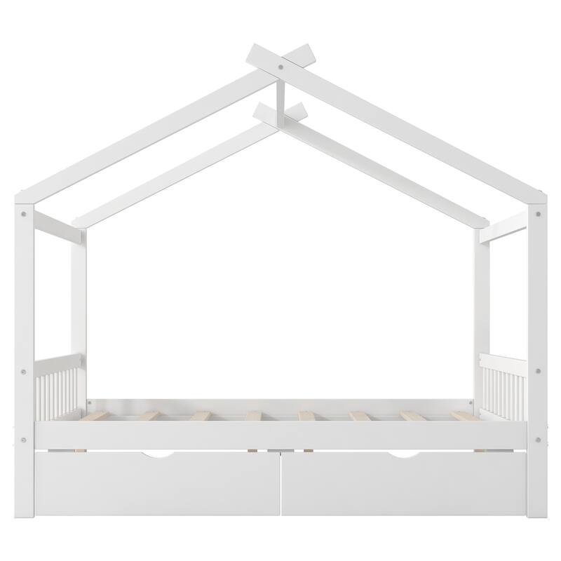 Full Size House Platform Bed with Drawers, Headboard, Footboard, and Roof Design in White