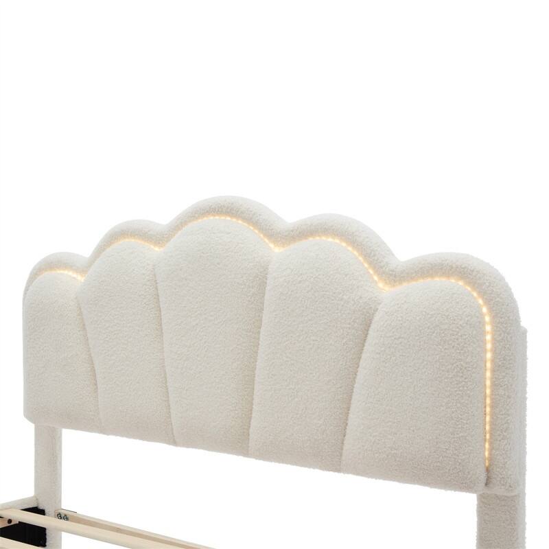 Upholstered Platform Bed with Flower-Shaped Headboard & LED Light Strip, Twin/Full Size Sherpa Fabric Bed Frame w/ Slats Support