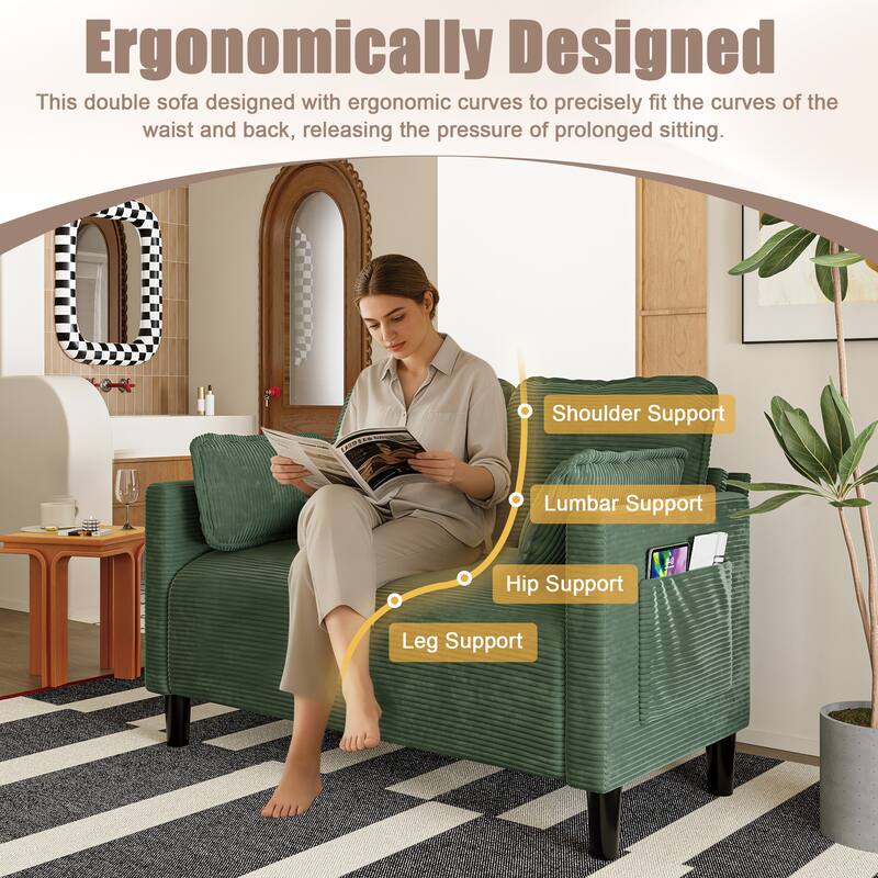48" Corduroy Loveseat Sofa with Side Storage Pocket, 2-Seater Couch, Solid Wood Frame for Apartment