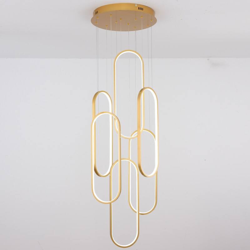 Modern Chandelier 6 Ring Adjustable Height Long Staircase LED Chandeliers Foyer Ceiling Light