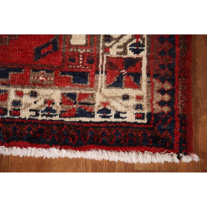 Geometric Ardebil Persian Vintage Runner Rug Handmade Red Wool Carpet - 3'9"x 13'10"