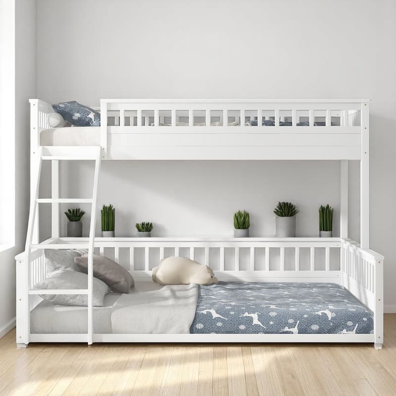 Convertible Twin XL Over Queen Size Bunk Bed with Safety Rails, Ladder and Wood Slats, No Box Spring Needed