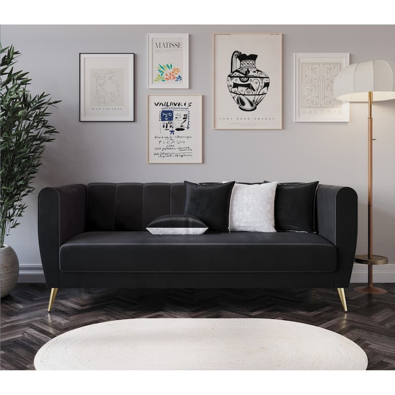Scarlett Velvet Flared Arm 3-Seater Sofa with 4 Throw Pillow - Black