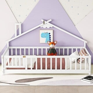 Full House-Shaped Headboard Floor Bed with Fence - Natural