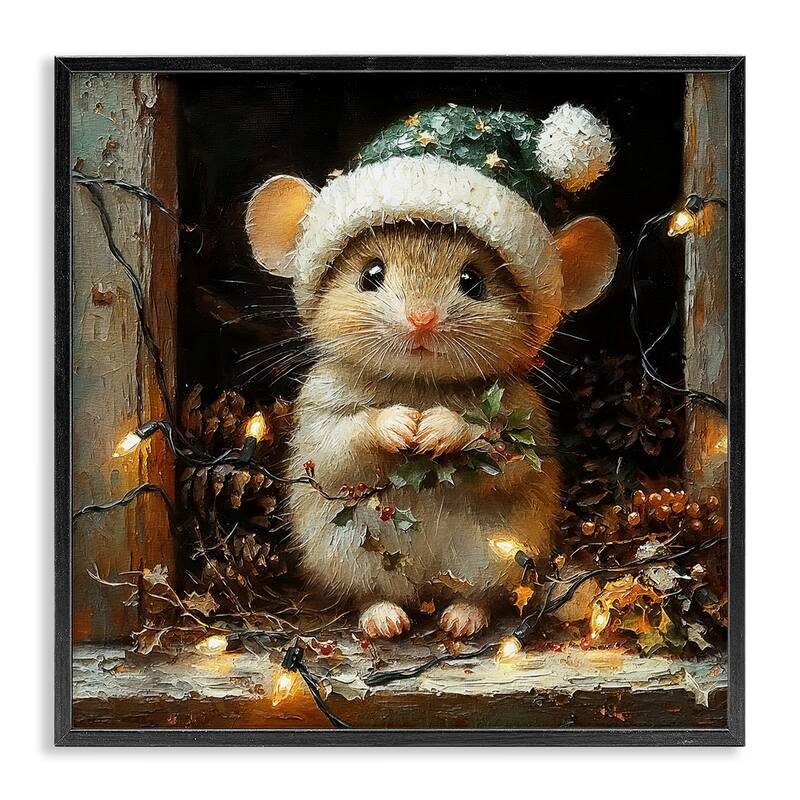 Stupell Barn Mouse with Christmas Lights Framed Giclee Art Design By Riley B - 17 x 17 - Black