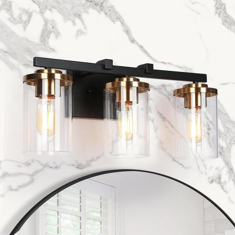 Black Gold 3-Light Modern Bathroom Vanity Lights Linear Wall Lighting with Cylinder Glass - Black and Brass