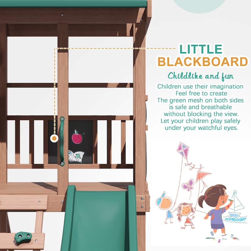 EROMMY 4-in-1 Wooden Swing Set – Backyard Playset w/ Slide, Climbing Wall, 2 Swings & Blackboard | Safe Outdoor Fun for Kids