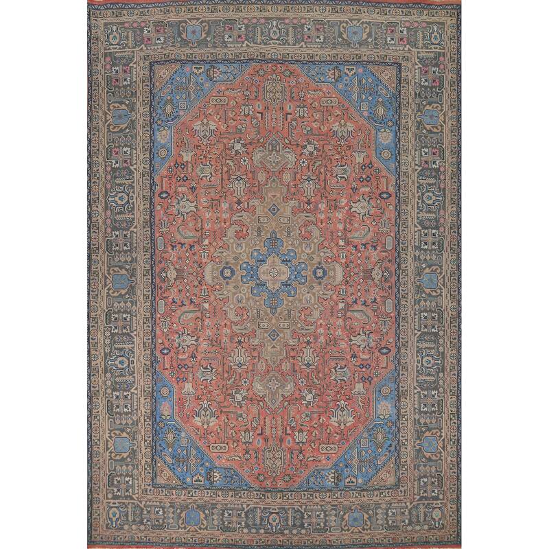 Pink Geometric Tabriz Persian Vintage Rug Hand-Knotted Wool Carpet - 9'8" x 12'11"