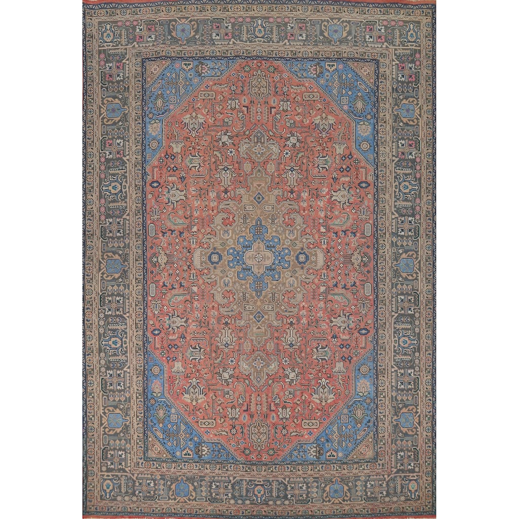 Pink Geometric Tabriz Persian Vintage Rug Hand-Knotted Wool Carpet - 9'8" x 12'11"