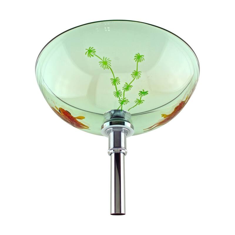 Countertop Vessel Sink 16.5" Round Koi FIsh Design Tempered Glass Bathroom Sink with Chrome Sink Drain Renovators Supply