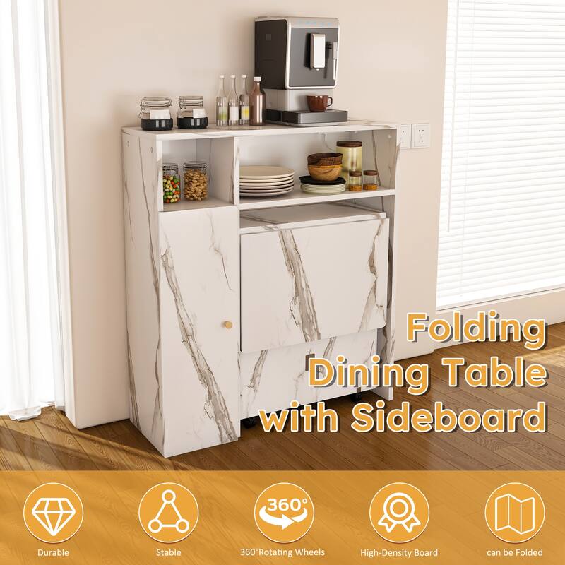 Multifunctional Folding Dining Table with Wall-Mounted Sideboard & Storage for Small Apartments(Wihte)