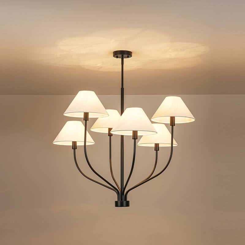 6-Light Modern Gold/Matte Black Sputnik Staggered Large Chandelier with Cone White Fabric Shade