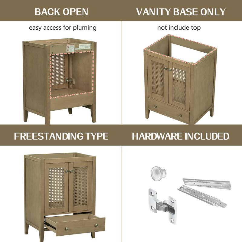 24" Bathroom Vanity without Sink,Base Only,Rattan Cabinet with Doors and Drawer,Solid Frame and MDF Board