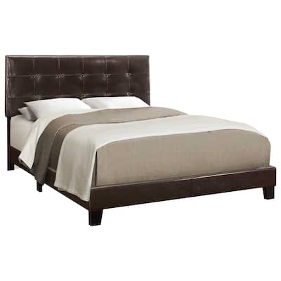 Dark Brown Linen Tufted Queen Bed with Nailhead Trim and Wood Frame