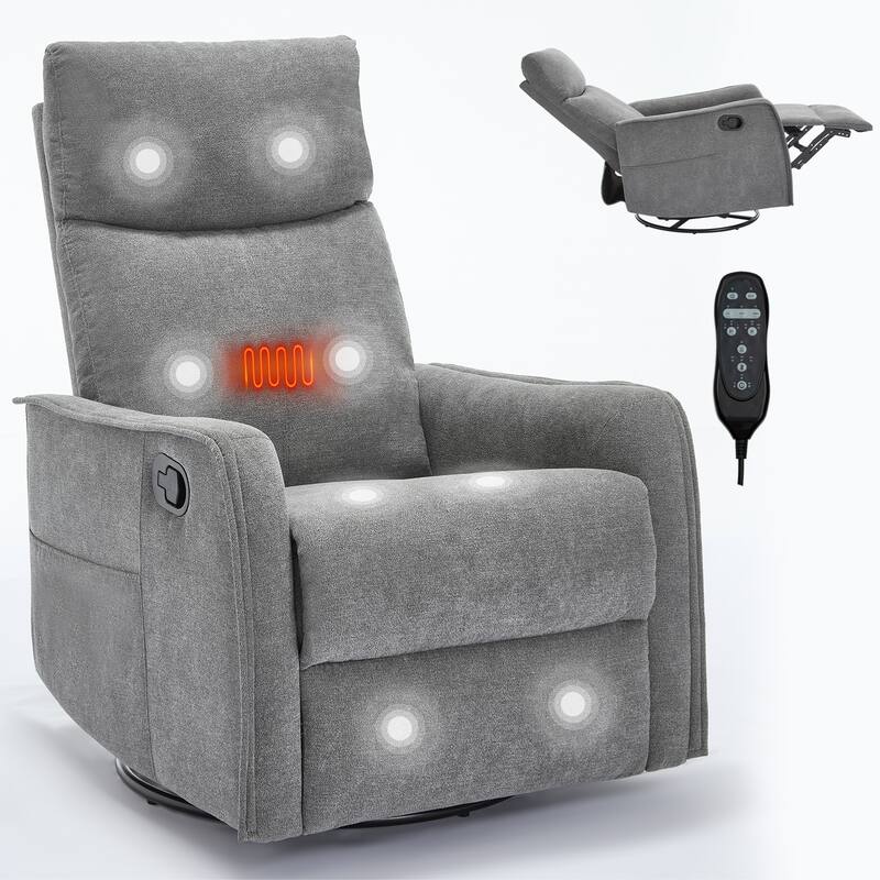 8 Point Massage Manual Recliner Chair Fabric Swivel Rocking Chair Single Sofa Armchair with Rocker and Lumbar Heating - Grey