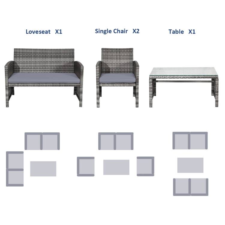 4 Pieces Patio Rattan Furniture Set with Glass Table and Loveseat - 43.5" x 25"x 31" (L x W x H)