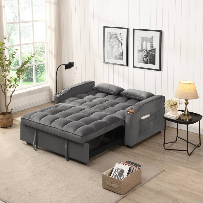 Anmytek 3-in-1 Convertible Velvet Loveseat Sleeper Sofa Pullout Bed Adjustable Backrest
