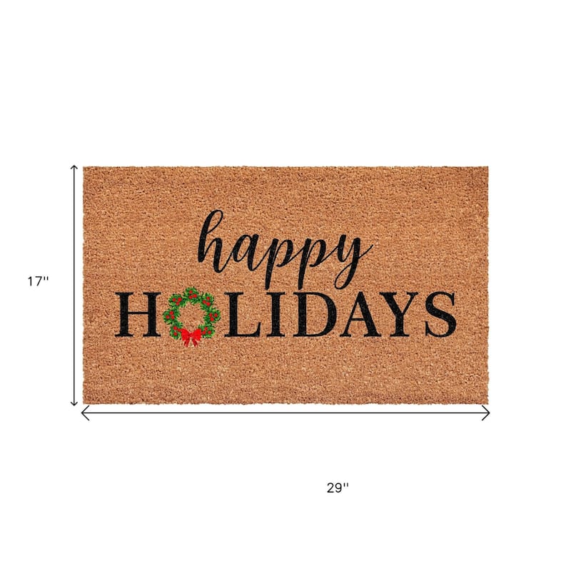 HomeRoots 17" X 29" Brown Black And Green Christmas Happy Holidays Outdoor Coir Door Mat - 17.00' X '29.00