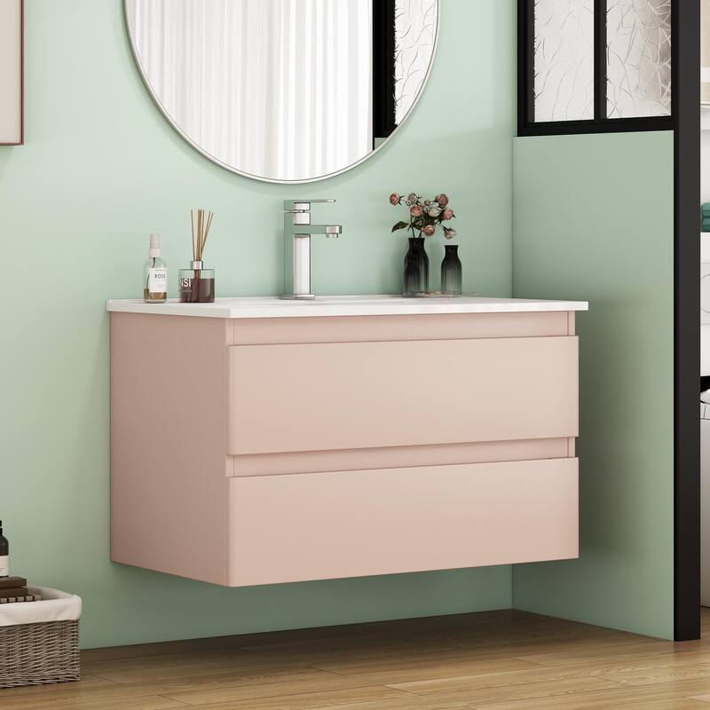 32 Inch Floating Bathroom Vanity with One-piece Ceramic Sink, Wall Mounted Cabinet with 2 Drawers