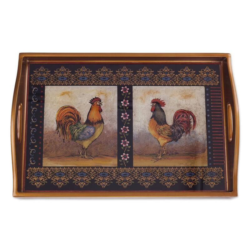 Handmade Crowing Roosters Reverse Painted Glass Tray (Peru) - 2.4" H x 17.75" W x 11.75" D
