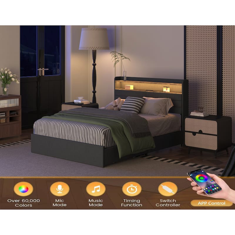 Platform Storage Bed Frame with 4 Underbed Drawers/Headboard with 2 Shelves/LED Light/Charging Station/Noise Free - Black Gray