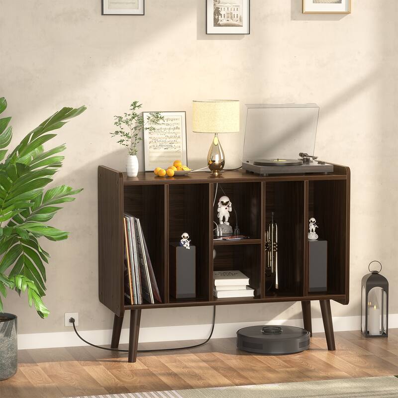 Retro Vinyl Stand with Charging Hub, Record Player Stand with Power Outlet and USB Ports