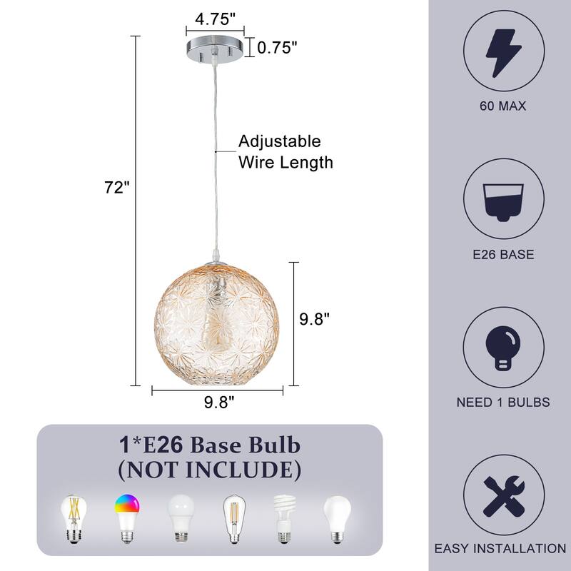 9.84 inch Cognac Etched Glass Globe Pendant Light Hanging Ceiling - 9.8 inch