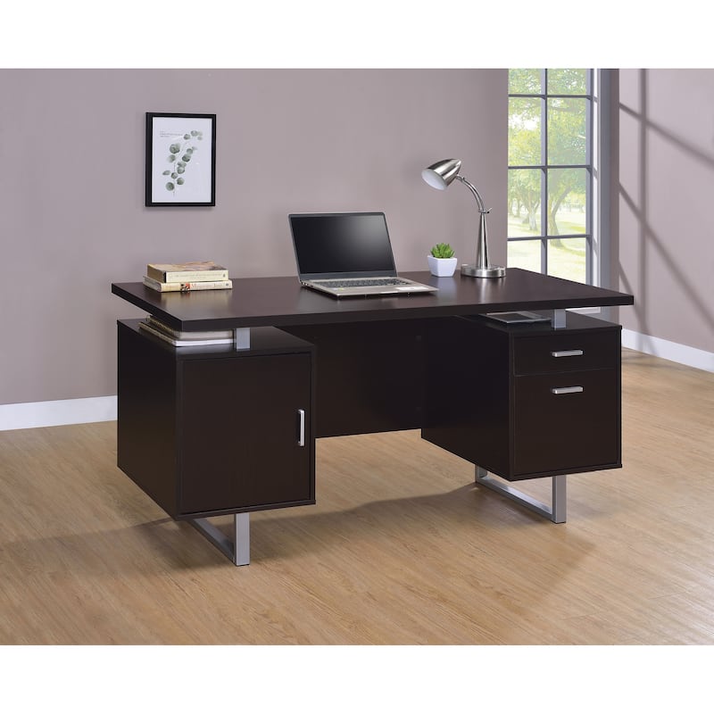 Mendecino 2-drawer Floating Top Office Desk - Cappuccino and Silver
