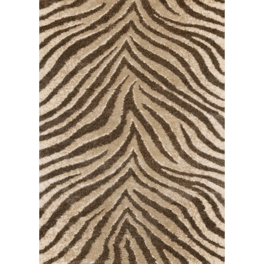Beige Brown White Zebra Print Soft Shag Rug