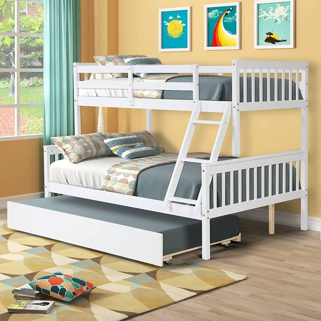 Twin Over Full Bunk Bed with Trundle, Ladder and Guard Rails