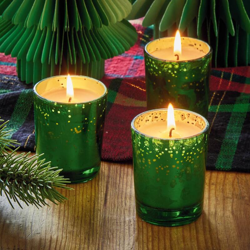 Christmas Fir Mercury Votive Candle - Scented Green Wax Candle, 9hr Burn Time, Perfect Holiday Decor, 2x2x2.5 inches