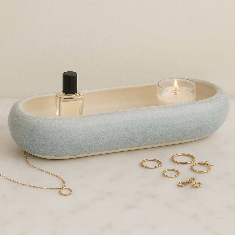 Modern Oval Ceramic Decorative Accent Bowl - Home Decor - 20", Blue - 20.0" - Blue - 20.0"