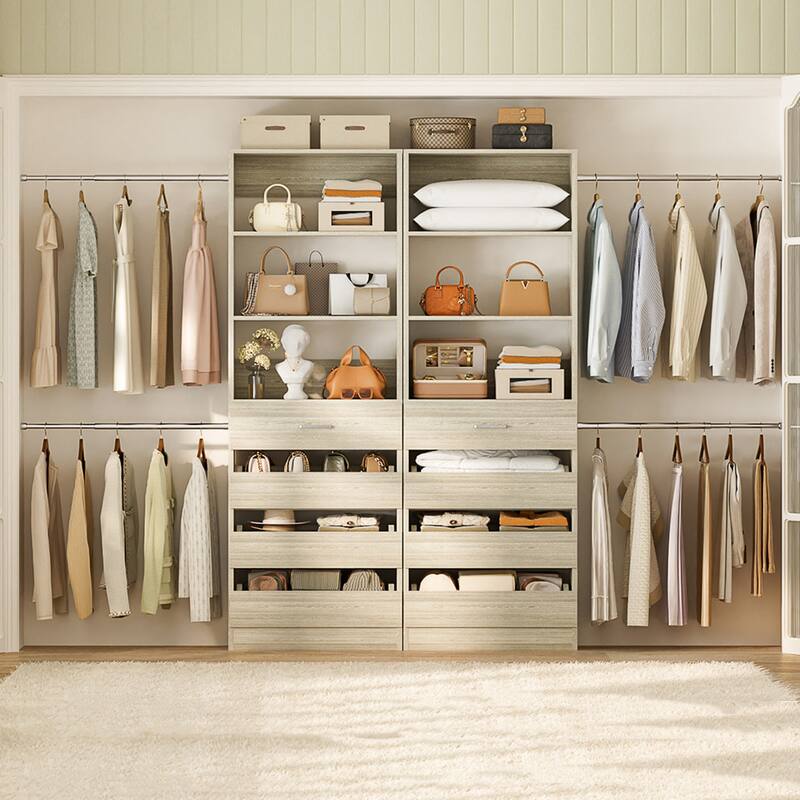 Qvella 95''-136'' W Closet System with 8 Wooden Drawers and 4 Hanging Rods, Walk-in Closet Organizer with 6 Storage Shelves - White Oak