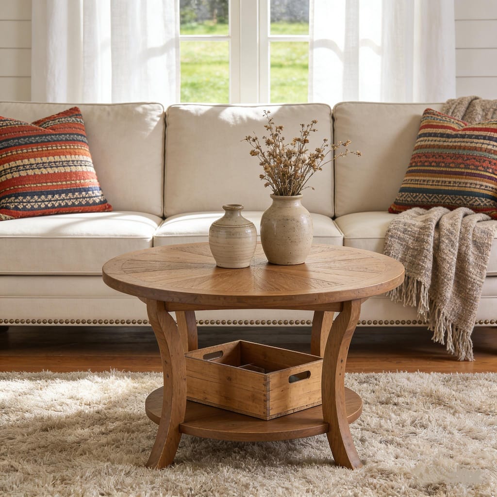 Round Coffee Table With Lower Storage Shelf