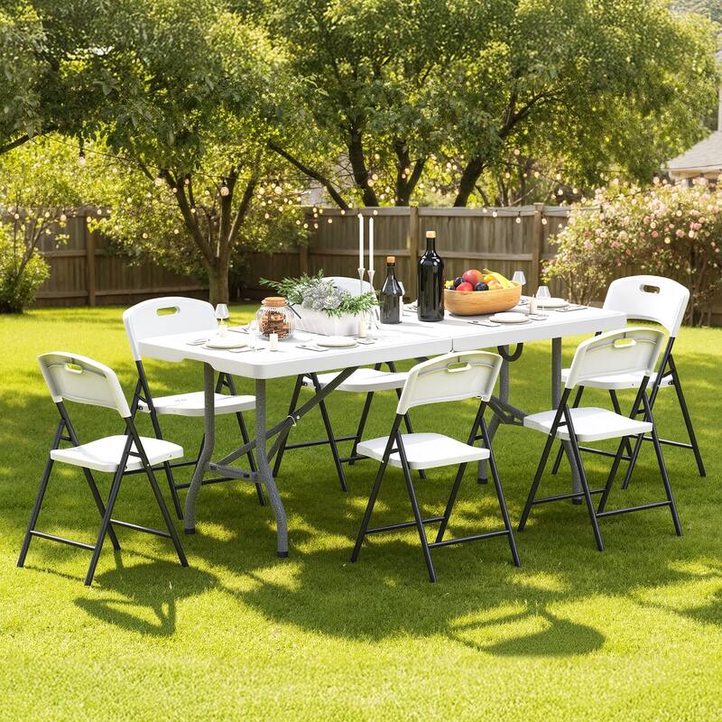 71.5" Foldable Outdoor Dining Set with 6 Fully assembled Dining Chairs - White