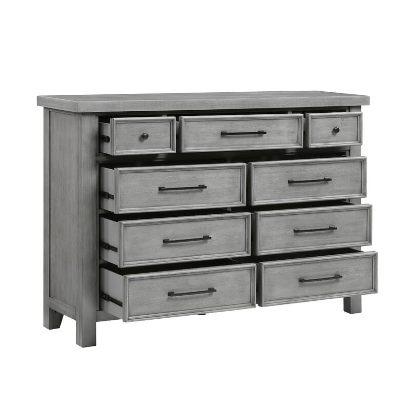 Daisy 62 Inch Dresser, Gray Mango Veneer, 9 Drawers, Bronze Metal