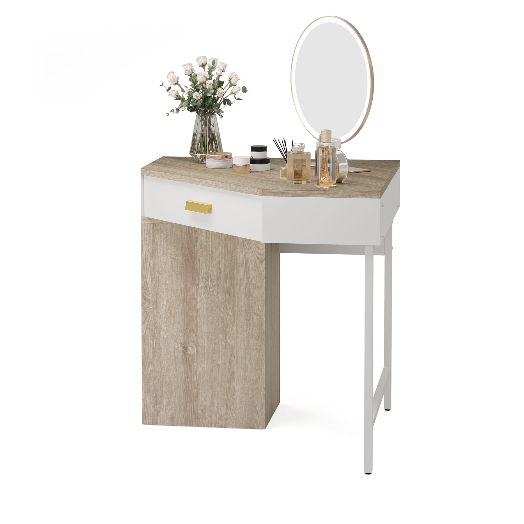 Wood & Metal Corner Vanity Desk with 4 Drawers