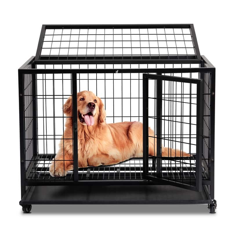 Heavy Duty Pet Playpen for Training Indoor Outdoor with Plastic Tray, Double Doors & Secure Lock