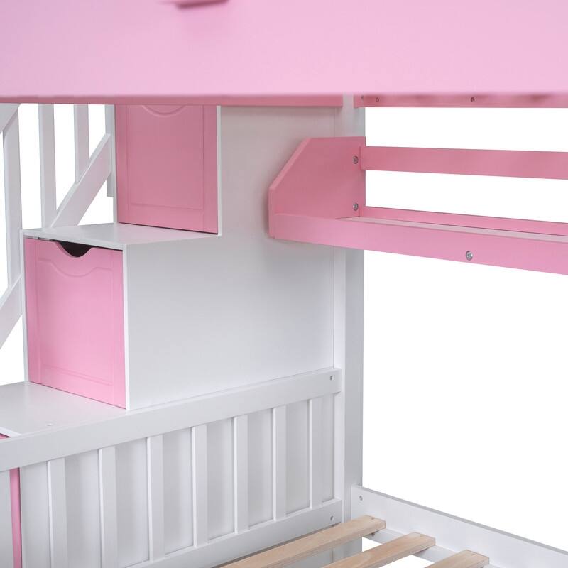 Full-Over-Full Castle Style Bunk Bed with 2 Drawers 3 Shelves and Slide