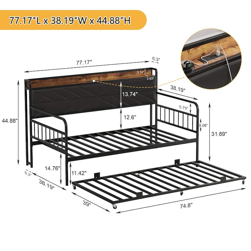 Javlergo Black Metal Daybed with USB Charging Pull-Out Trundle PU Leather Storage Headboard Space-Saving Sleeper Sofa Bed